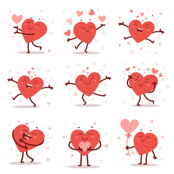 Vector set of red adorable heart character in different poses with happy emotion on white background. Romantic flat style Valentine's Day illustrations