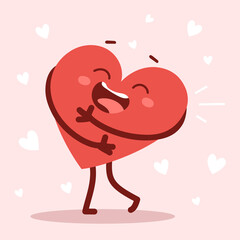 Vector red cute happy heart character hugs himself laughing on pink background. Romantic flat style Valentine's Day illustration
