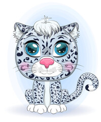 Cartoon snow leopard with expressive eyes. Wild animals, character, childish cute style.