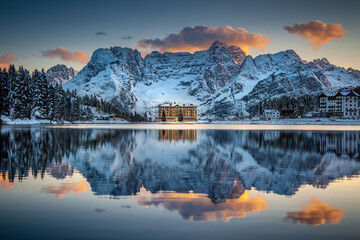 Sunset Reflections In Lago Misurina In The Dolomites