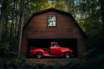 Antique rustic 1950's red truck in a wooden log barn in the woods - Powered by Adobe