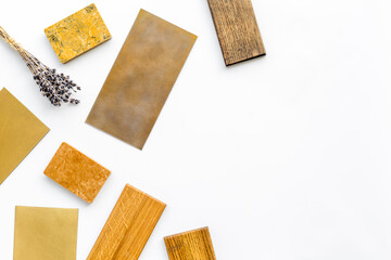 Wooden stoneware and kitchen countertops samples on the table, flat lay