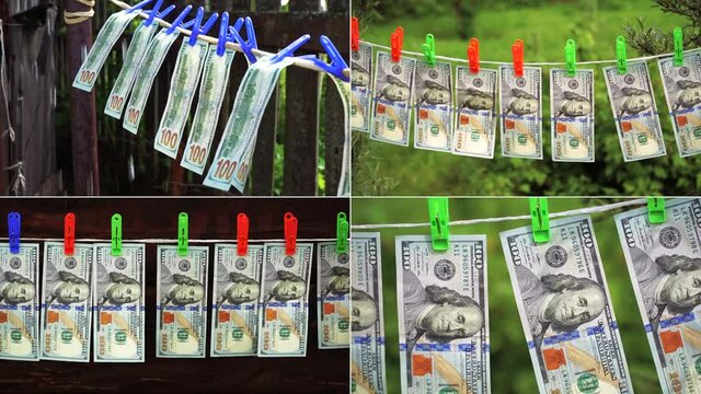 Collage, split screen. Money laundering concept. Dollars bills dry on a rope in nature. Hundred dollar bills are held in the wind with clothespins.