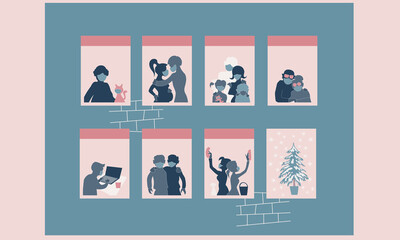 People in mask in windows, Christmas tree - new normal  concept background  