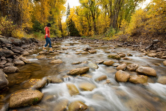 Woman crossing stream in forest during autumn