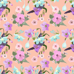 Vector seamless floral pattern drawing of a bouquet of flowers with buds and leaves isolated on a peach background for fabric design, wrapping paper, wallpaper.