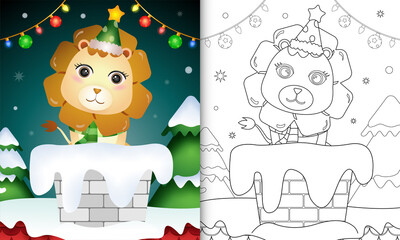 coloring book for kids with a cute lion using santa hat and scarf in chimney