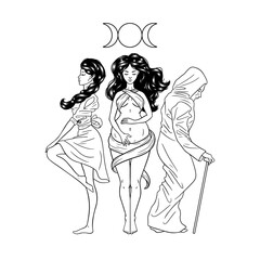 Three women figures, symbol of Triple goddess as Maiden, Mother and Crone, moon phases. Hekate, mythology, wicca, witchcraft. Vector illustration