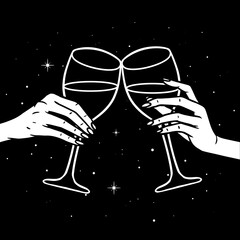 Cheers, girls drinking, hands with wine glasses and space stars potion, vector illustration