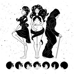 Three women figures, symbol of Triple goddess as Maiden, Mother and Crone, moon phases. Hekate, mythology, wicca, witchcraft. Vector illustration