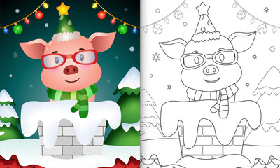 coloring book for kids with a cute pig using santa hat and scarf in chimney