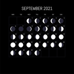 Moon phases calendar for 2021 year. September. Night background design. Vector illustration