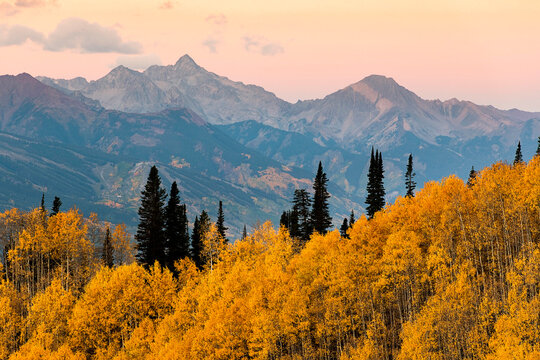 Scenic view of autumn trees against mountain range during sunset