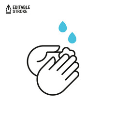 Wash hands icon. Washing hands with soap. Vector outline icon with editable stroke