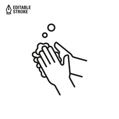 Obraz premium Wash hands icon. Washing hands with soap. Vector outline icon with editable stroke