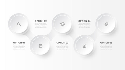Business infographic template with 5 steps or options. Creative design with circles. Vector illustration.