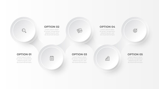 Business infographic template with 5 steps or options. Creative design with circles. Vector illustration.