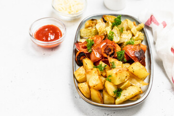 Roast  vegetables, zucchini, tomatoes, pepper.Space for text.