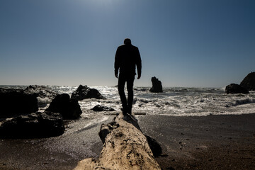 Person walking on large driftwood log toward waves at edge of beach