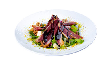 Salad with beef and white and red sauce, isolated white background.