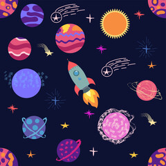 Seamless space pattern. Planets, rockets and stars. Cartoon spaceship icons. Kid's elements for scrap-booking.