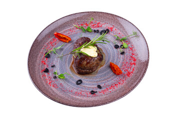 Beef with flavored herbs and cheese sauce, isolated white background.