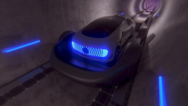 High-speed movement of the car on a platform, in a round tunnel. Future technology, tunnel highways.