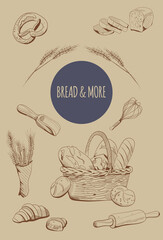 Bakery menu decoration in engraving style.Ears of wheat and a wicker basket with buns,french loaves,baguette.Equipment for Bread cooking.Farmers market.Bundle of Pastry retro monochrome sketches.