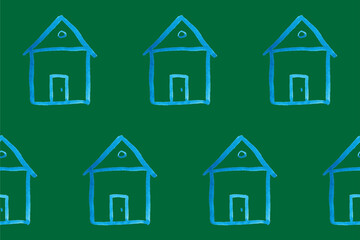 Seamless pattern with blue house icon on green backboard. Cartoon style baby illustration. Architecture, construction, village, homepage. Creative kids city texture for fabric, wrapping or textile