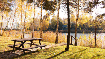 Wooden picnic table in autumn park.Beautiful autumn landscape.