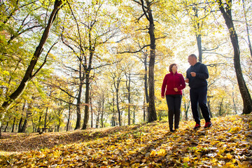 Obraz premium Seniors jogging on a forest