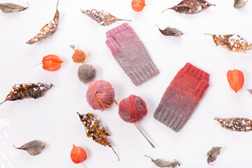 Dry autumn leaves and woolen knitted mittens gray and pink on a white background.