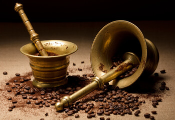 
bronze mortar and pestle, with natural coffee beans and ground powder, on raffia cloth and black...