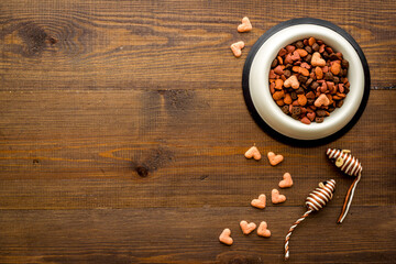 Set of cat food and toys. Pet food background, top view