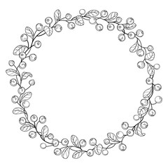 Round wreath of outline lingonberry or cowberry twigs with berry and leaf in black isolated on white background.