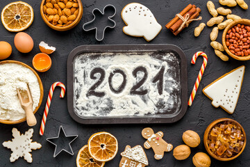 Food frame of Christmas gingerbread cookies, top view