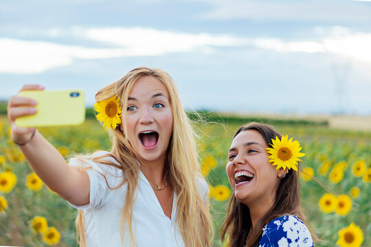 A couple of attractive young women one blonde and the other brunette posing in their designer dresses in a field of sunflowers using their smartphone