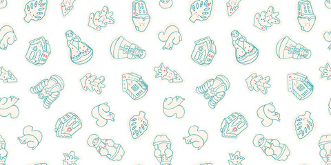 Vector doodle cute kawaii christmas ornament seamless pattern. Hand drawn line art design. Food, packaging, gift wrap. Modern brush design. Perfect for your festive family event.