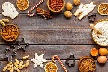 Food frame of Christmas gingerbread cookies, top view