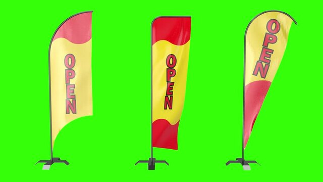 OPEN Feather Flag sign. Outdoor banner flagpole for Gas station or beach . Advertisement bowflag with metal pole. 3 Different types of flags shapes on green screen chroma key background.