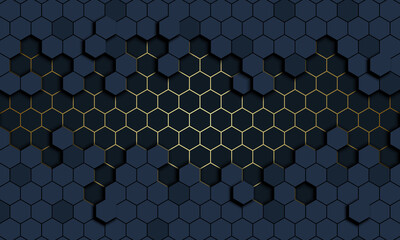 3d abstract honeycomb with golden lines and shadow.