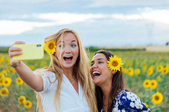 A couple of attractive young women one blonde and the other brunette posing in their designer dresses in a field of sunflowers using their smartphone