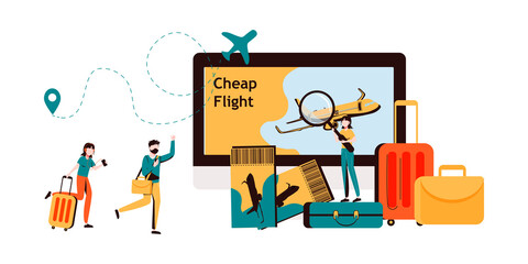 Lowcoster, Cheap Flight and Saving Vacation Budget Concept. Tiny Characters Buying Airplane Tickets Online Save Money for Holidays and Traveling, People with Luggage. 