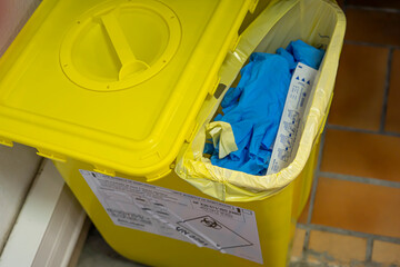 Antibes, France 05.11.2020 Clinical waste bin in the Covid Test Center during a covid 19 test in...