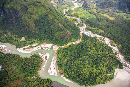 Aerial view of the confluence of the Stave and Winslow Rivers, B.C.