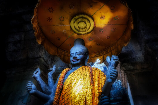 Angkor Archaeological Park, Siem Reap, Cambodia. Original Vishnu statue in main entrance of Angkor Wat brought down from main tower.