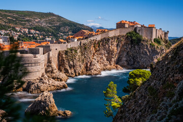 Fototapeta na wymiar The General view of Dubrovnik - Fortresses Lovrijenac and Bokar seen from south old walls a. Croatia. South Dalmatia. September 2020