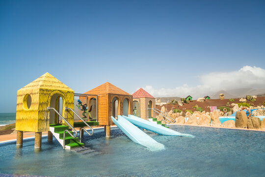 FUERTEVENTURA, SPAIN - 1 MARCH 2018: Swimming pool water slide for kids in Fuerteventura, Canary Islands, Spain.
