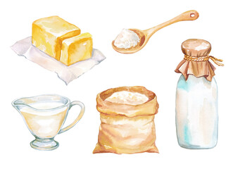 Watercolor set with food ingredients for cooking and baking. Culinary сlipart isolated on white background. Hand drawn cooking elements perfect for card, food blog and logo design