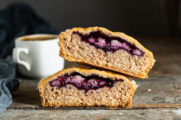 sweet pastry biscuit berry filling home baked cake sweet dessert tartlet with berry filling portion on the table serving healthy meal snack ingredient top view copy space for text food background 